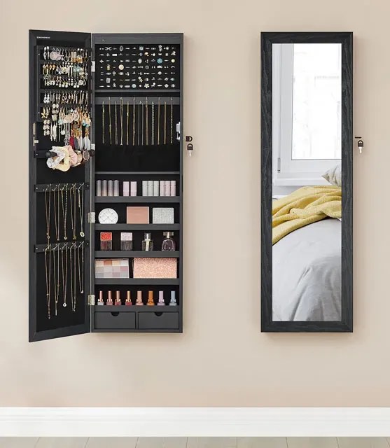 Czarna szafka na biżuterię z lustrem na drzwi F5-P77