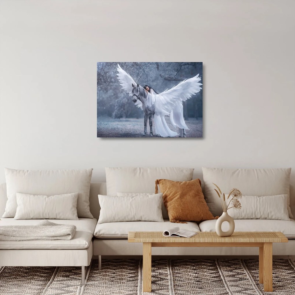 Obraz na szkle dziewczyny na jednorożcu (70x50 cm)