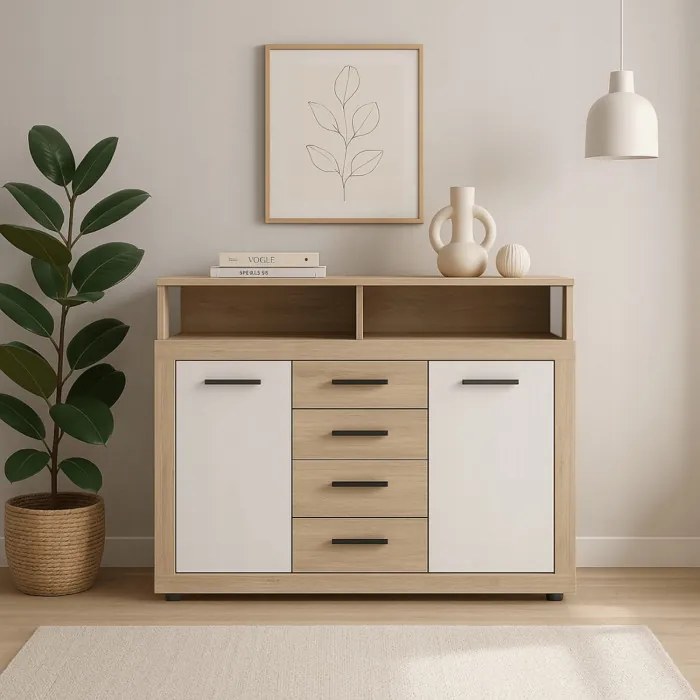 Komoda Dwudrzwiowa z Szufladami BLAGO MIDI B 119,5 cm Dąb Sonoma/Biały Nowoczesna