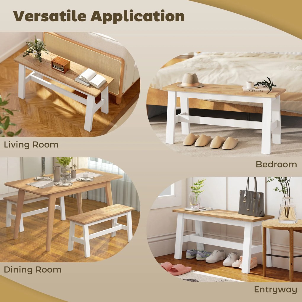 HOMCOM Ławka dla 2, drewniana w dębowym wyglądzie, stabilizująca poprzeczka, do salonu, jadalni, korytarza, drewno kauczukowe, Biała