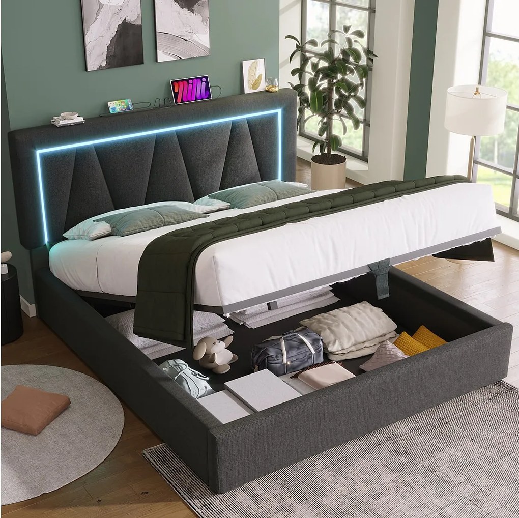 Łóżko z pojemnikiem 140x200 cm - Łóżko dla dorosłych z oświetleniem LED i ładowaniem USB - szary len - Nie Materac