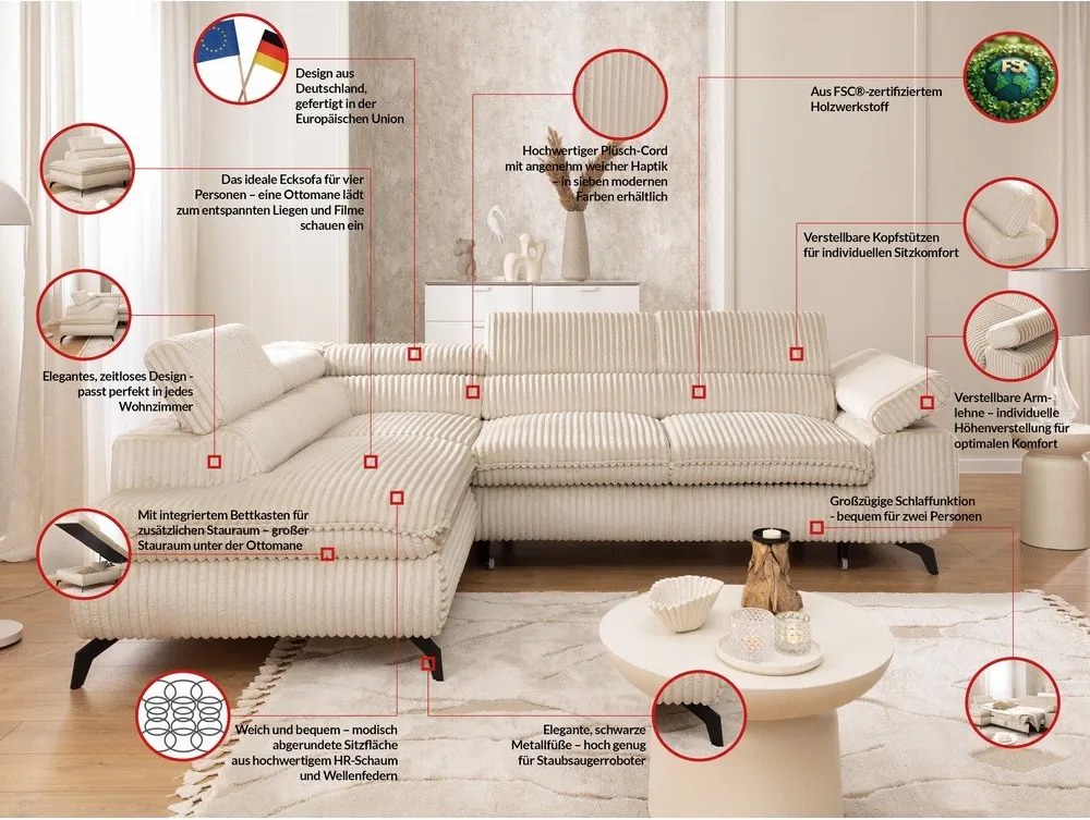 Beżowy sztruksowy narożnik (lewostronny/w kształcie litery L) Marbeya – Ropez