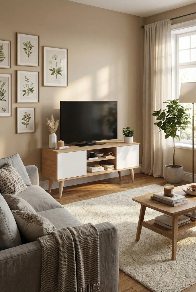 Skandynawska szafka pod telewizor dąb artisan + biały T5-E64