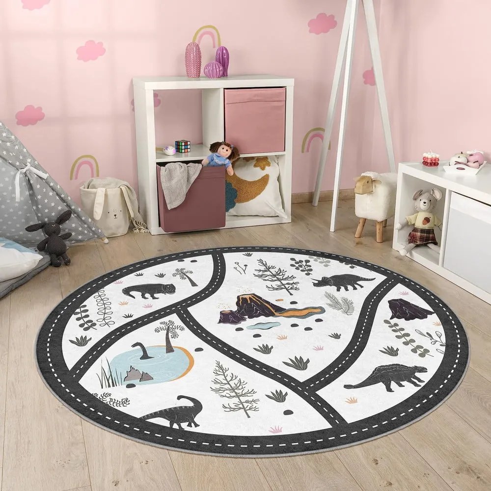 Czarno-biały dziecięcy dywan do zabawy odpowiedni do prania ø80 cm Dino Park – Mila Home