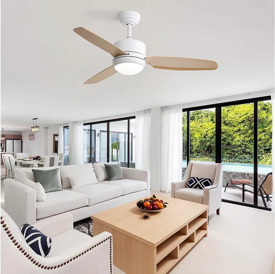 Drewniany wentylator sufitowy - wentylator sufitowy do salonu z 6 prędkościami i 3 łopatkami ABS - oświetlenie LED