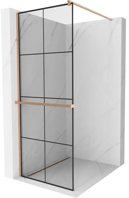 Mexen Kioto+ ścianka prysznicowa z półką Walk-in 80 x 200 cm, czarny wzór, miedź szczotkowana - 800-080-121-65-77
