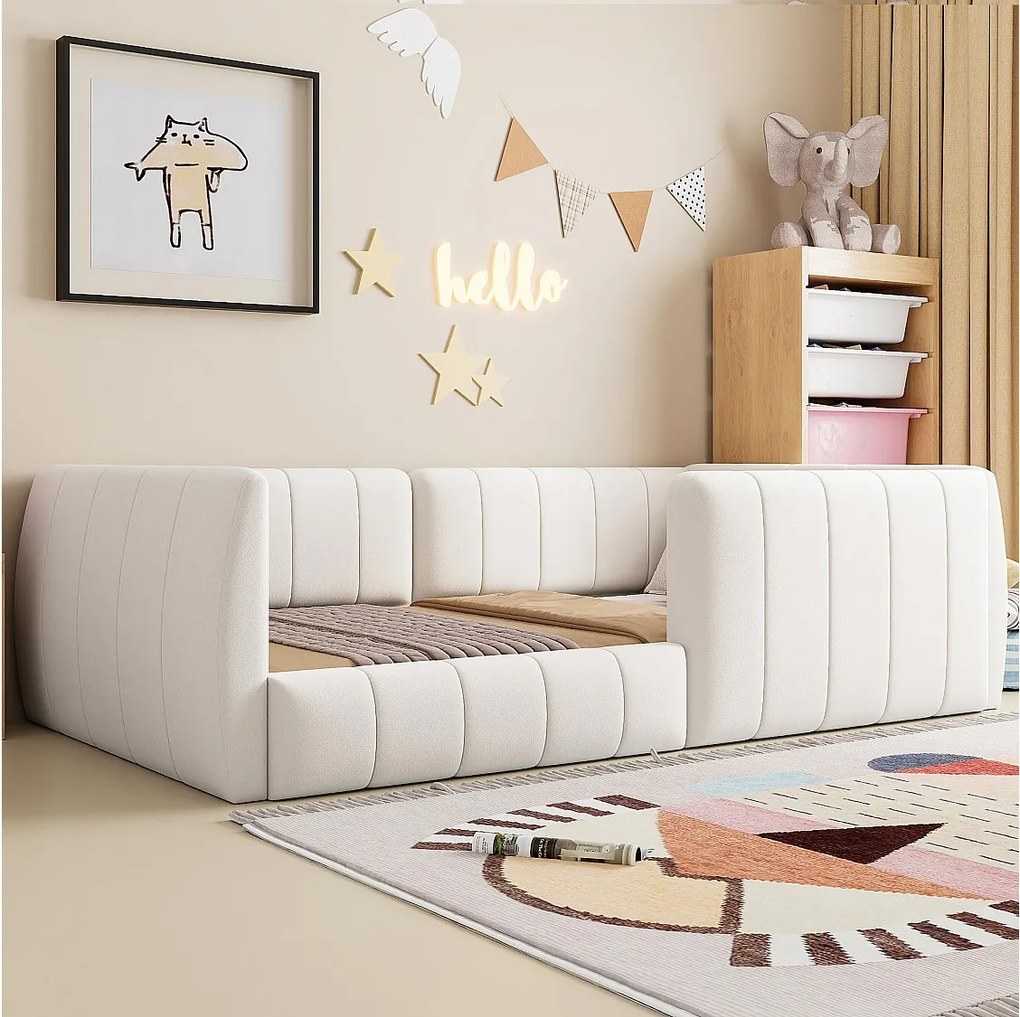 Łóżko tapicerowane platformowe dla dzieci - 90 x 200 cm - z barierką - MDF - beżowe