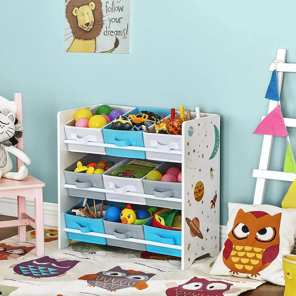 SongmicsHome Regał na zabawki WSZECHŚWIAT, 9 pudełek, 62,5x29,5x60cm, biała z naklejkami