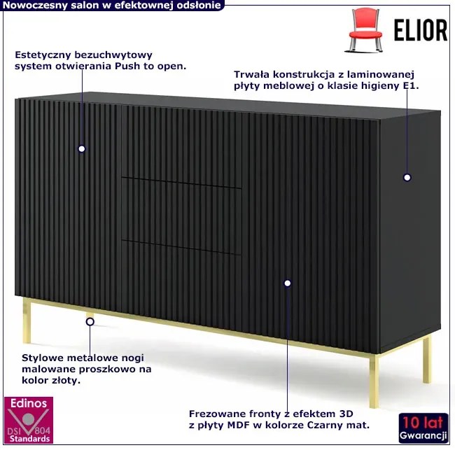Czarna komoda z lamowym frontem glamour T2-E14