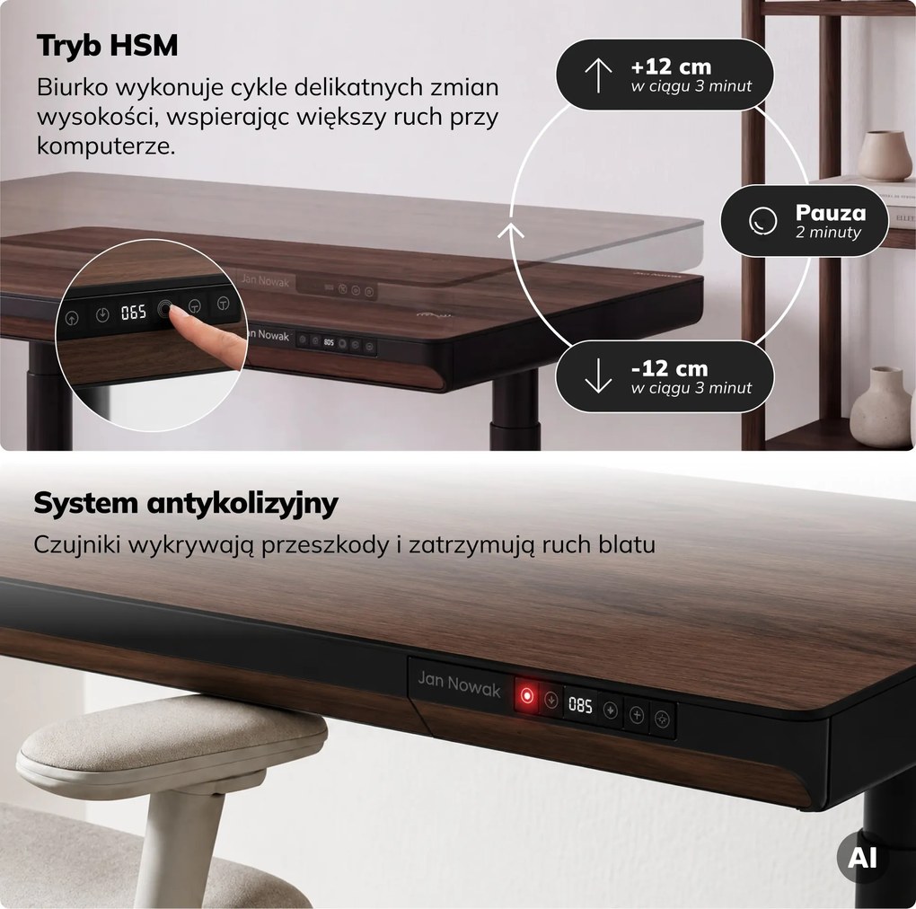 Biurko elektryczne sit-stand z szufladą i ładowarką bezprzewodową Qi czarne/orzech, 1200 mm: ELLIS