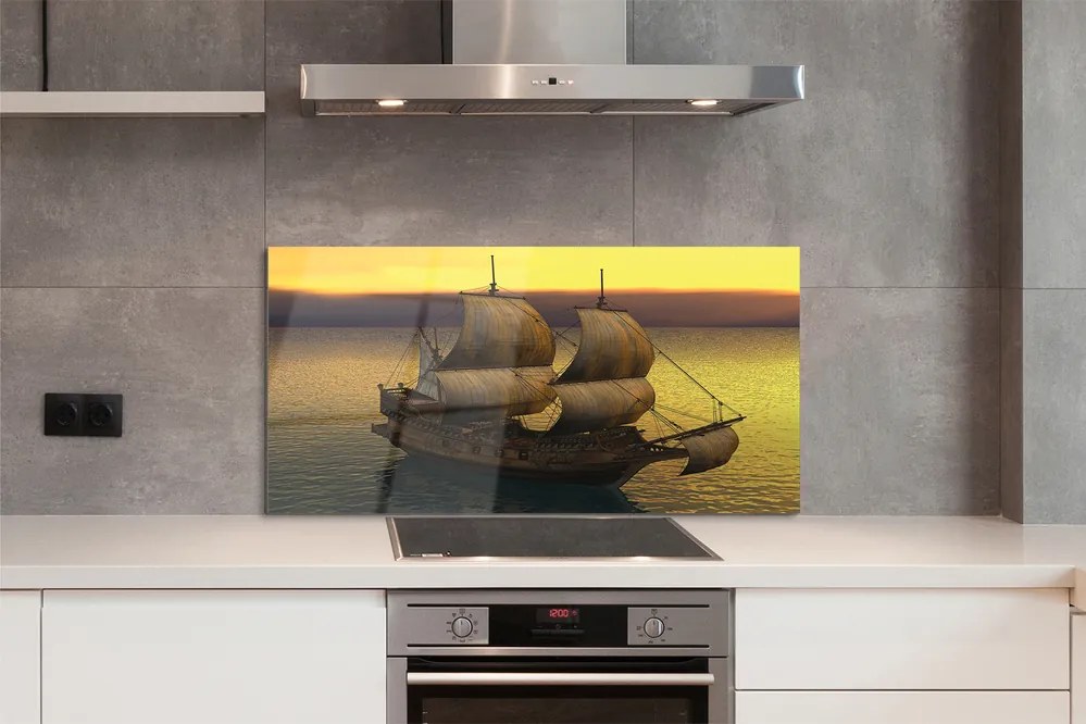 Szkło do Kuchni na Ścianę Statek o Złotym Poranku