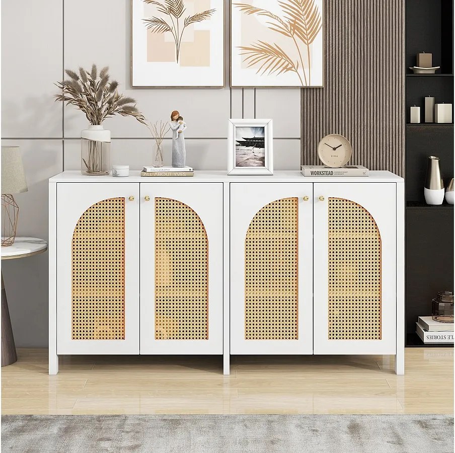 Biały kredens z 4 drzwiami z rattanu i regulowanymi półkami, metalowe uchwyty, odpowiedni do salonu i jadalni