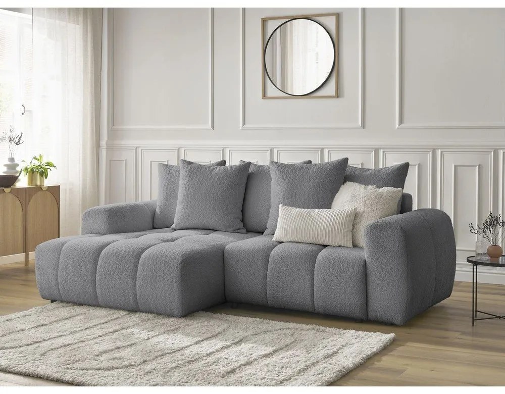 Szary rozkładany/ze schowkiem narożnik z materiału bouclé (lewostronny/z szezlongiem) Roxelane – Bobochic Paris