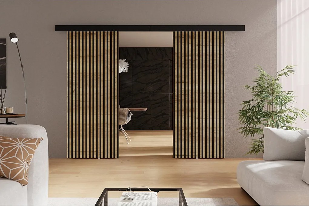 Emporius drzwi naścienne 190 cm Belor Duo - nowoczesne drzwi z imitacją lameli, drzwi naścienne dąb craft złoty