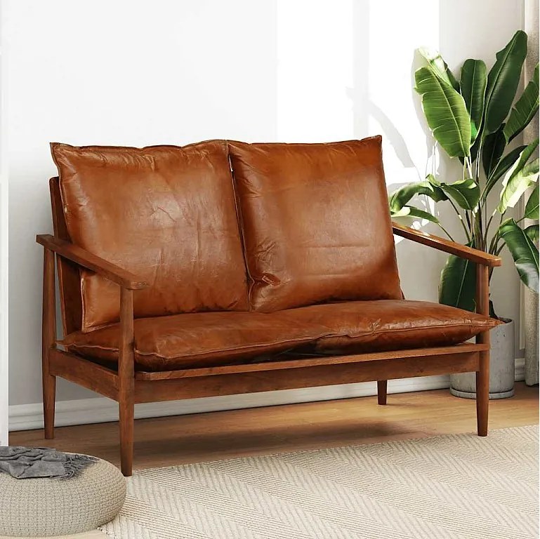 Sofa 2-osobowy z prawdziwej brązowej skóry z konstrukcją z drewna akacjowego w wykończeniu miodowym – Komfort i vintage'owy urok