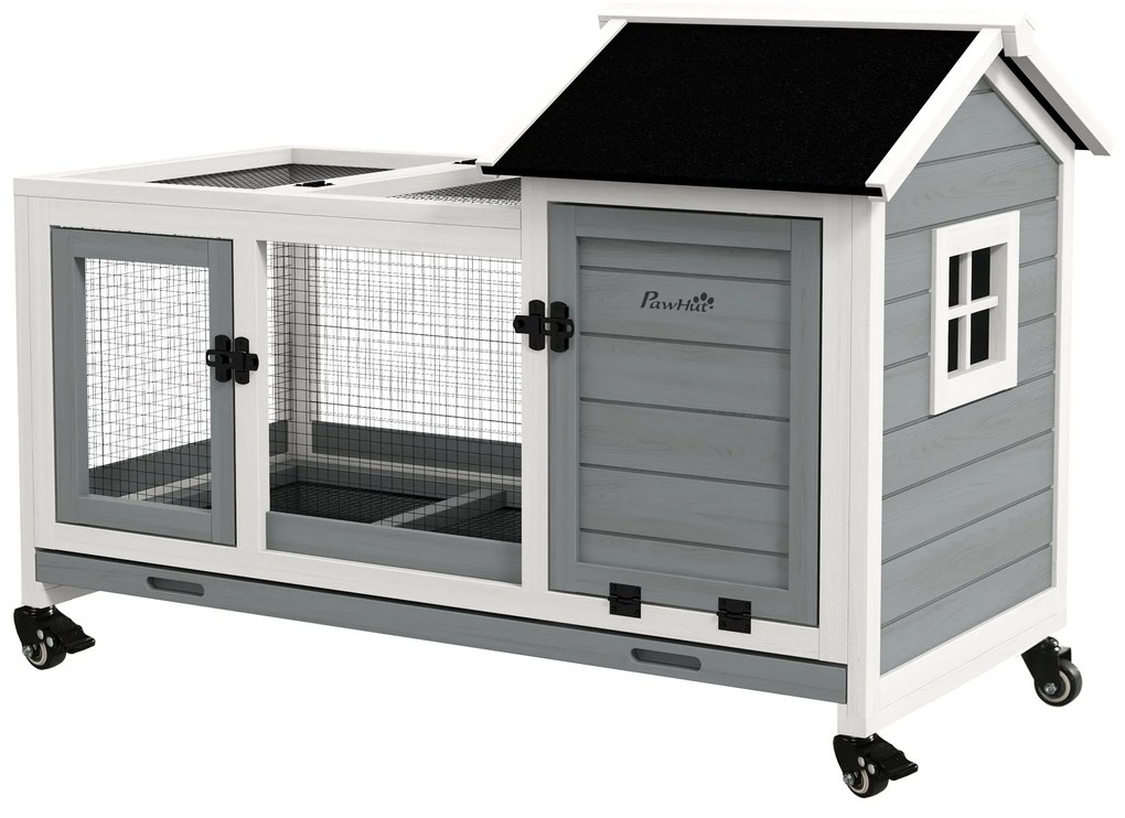 Domek dla małych zwierząt PawHut dla królików miniaturowych, świnek morskich, z kołami, 108 x 58 x 73,5 cm, szary