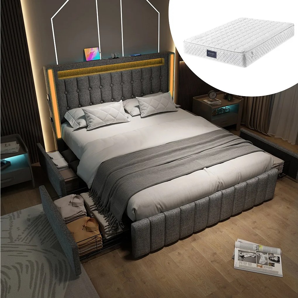 Łóżko tapicerowane z pojemnikiem dla młodzieży - 140 x 200 cm - Materac + LED-y + 4 szuflady + Zagłówek z USB - tkanina lniana - Szary