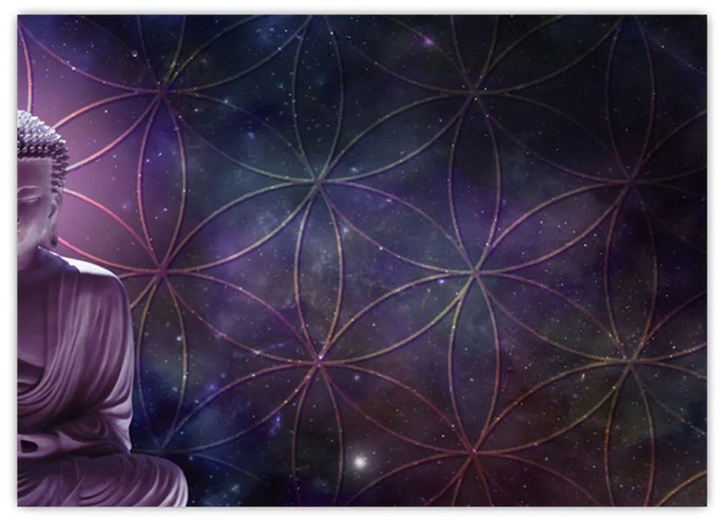 Obraz na szkle - Budda z kwiatami życia (70x50 cm)