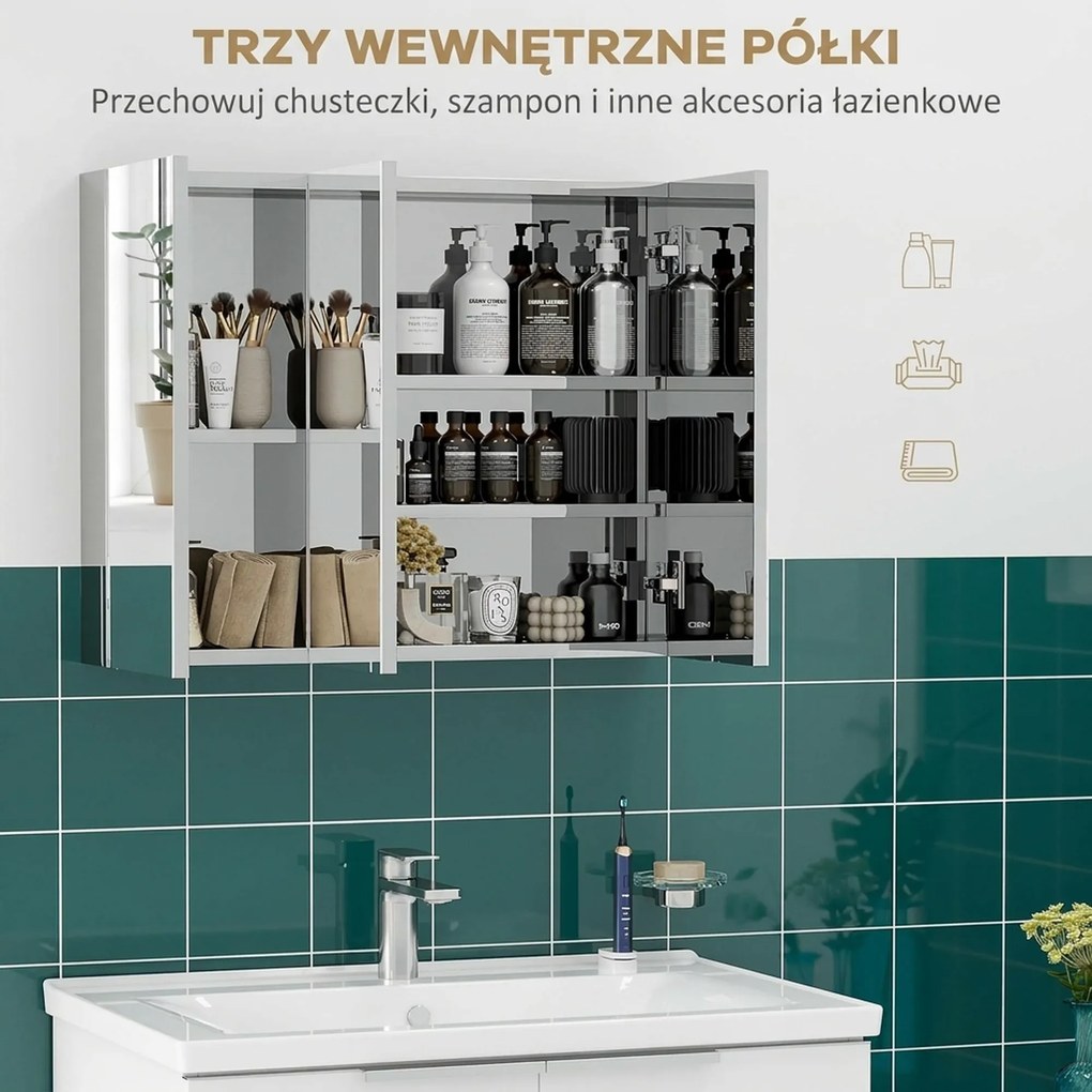 kleankin Szafka z lustrem, szafka łazienkowa, 3 drzwi lustrzane, 5 półek wewnętrznych, stal nierdzewna, Kolor: Srebrny, 70 x 12 x 55 cm