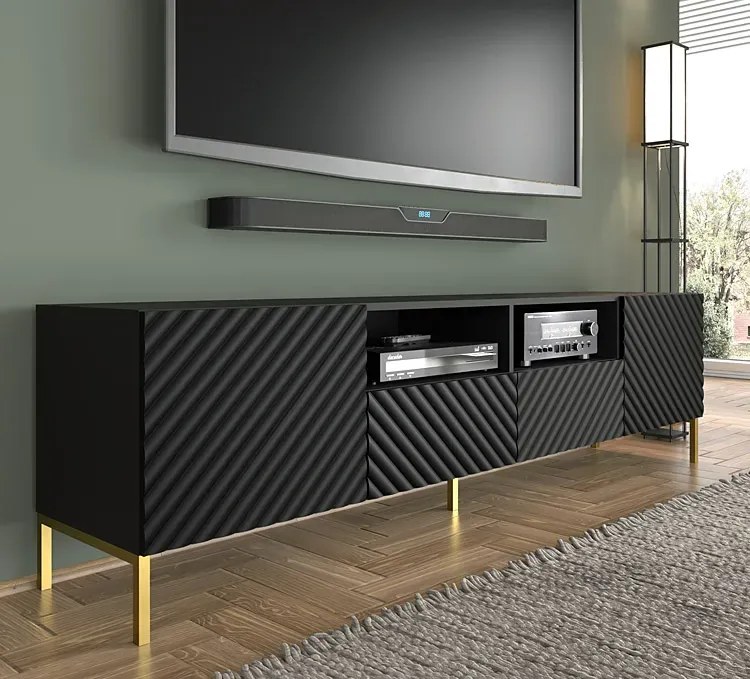 Szafka pod TV w stylu glamour czarny mat + złote nóżki - Resa 6X