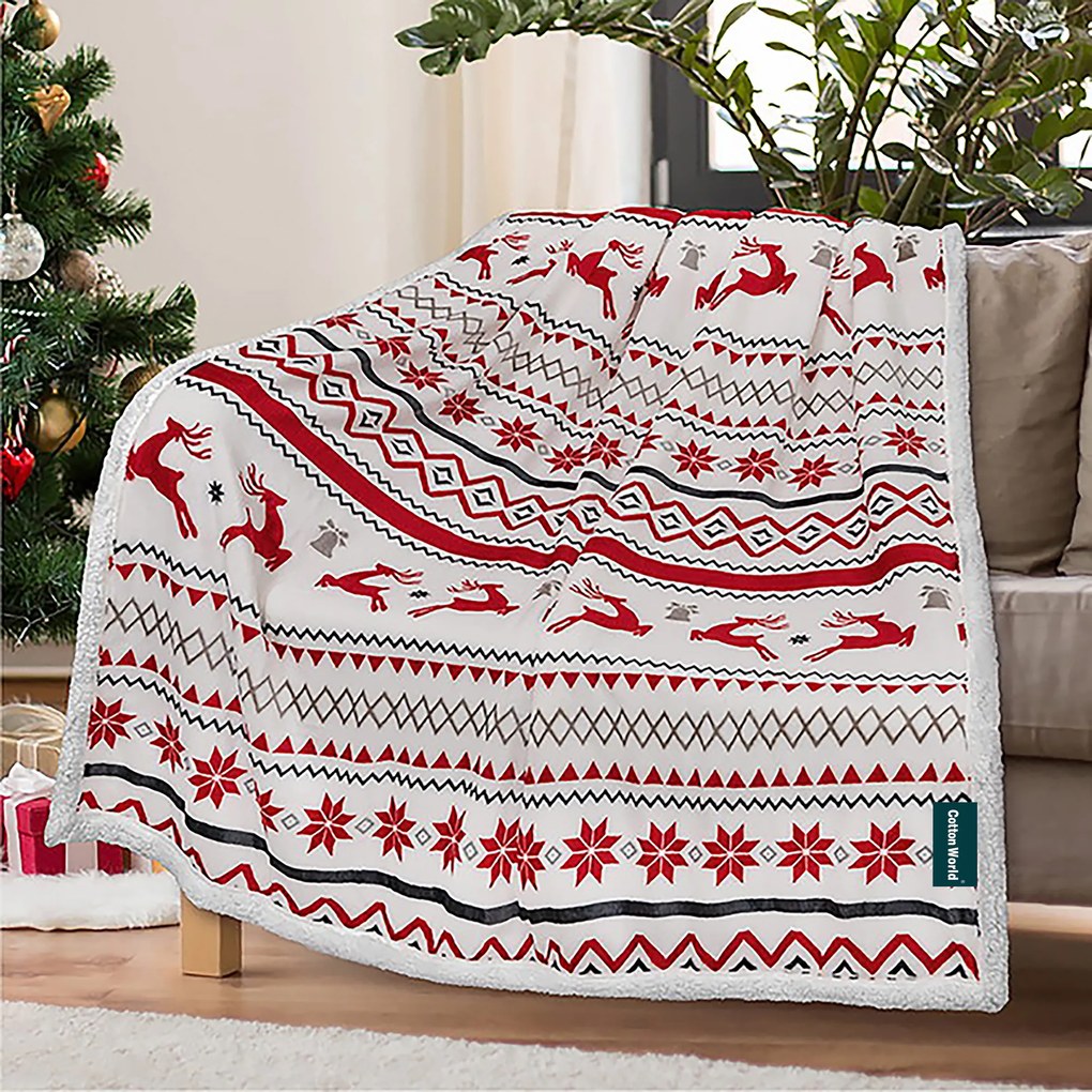 Świąteczny biały koc z mikropluszu z barankiem RETRO CHRISTMAS Rozmiar: 200 x 220 cm