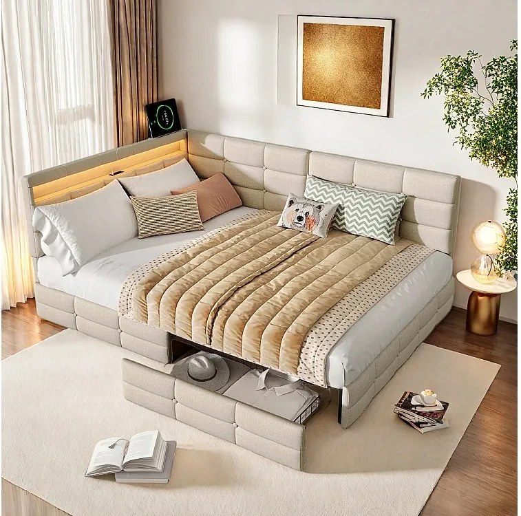 Ramka łóżka w kształcie L z 2 szufladami, oświetleniem LED i funkcją ładowania - Beżowy - 140 x 200 cm