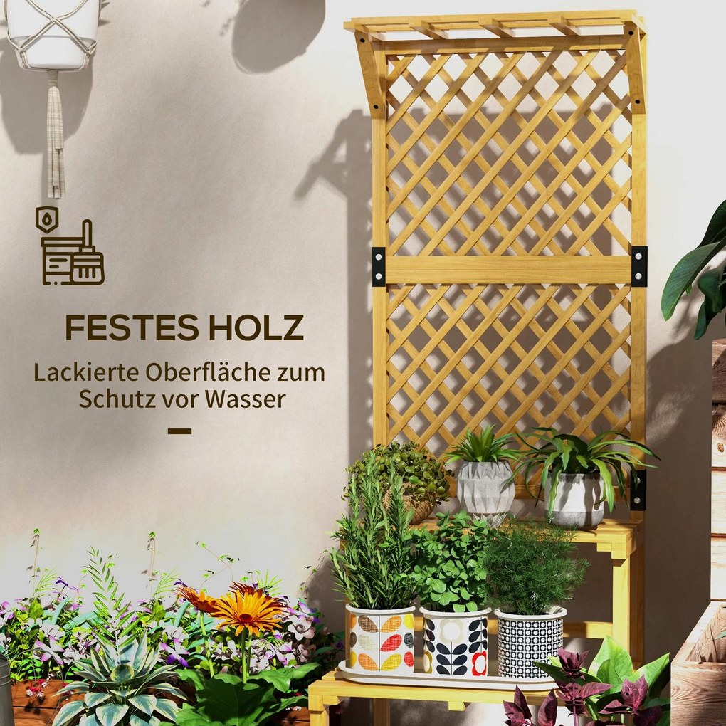 Outsunny Stojak na Rośliny, Regał na Kwiaty, 2 Poziomy, z Spalierem i Daszkiem, Drewno Jodłowe, 60x50x166cm, Żółty
