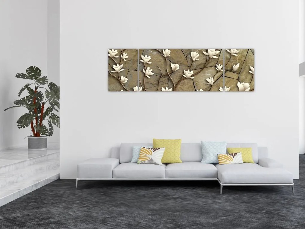 Obraz - Białe magnolie na murze kamiennym (170x50 cm)