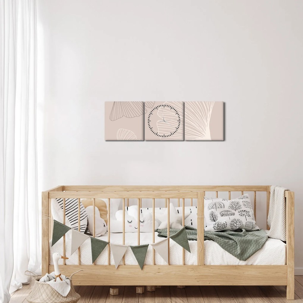 Obraz - Beżowe liście N⁰6 (z zegarem) (90x30 cm)