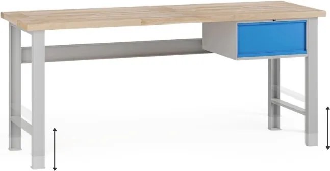 Stół warsztatowy z regulacją wysokości G7, blat bukowy, 2000 x 800 x 840-1040 mm, 1x kontener, 1x szuflada, niebieski