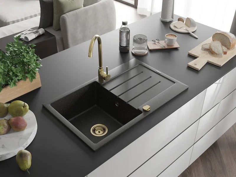 Mexen Bruno zlewozmywak granitowy 1-komorowy z ociekaczem i baterią kuchenną Telma, czarny/złoty - 6513-75-670200-50