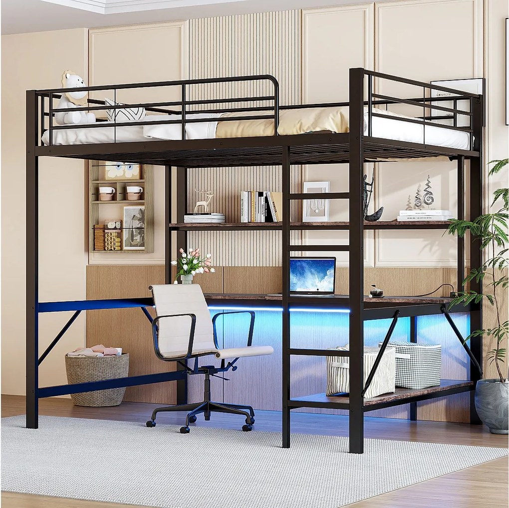 Łóżko piętrowe z barierką i drabinką - 140 x 200 cm - z USB i zasilaczem - oświetlenie LED i biurko - materac nie jest wliczony w cenę - metalowe - czarne
