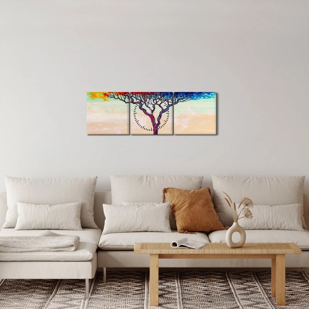 Obraz malowanego drzewa (z zegarem) (90x30 cm)