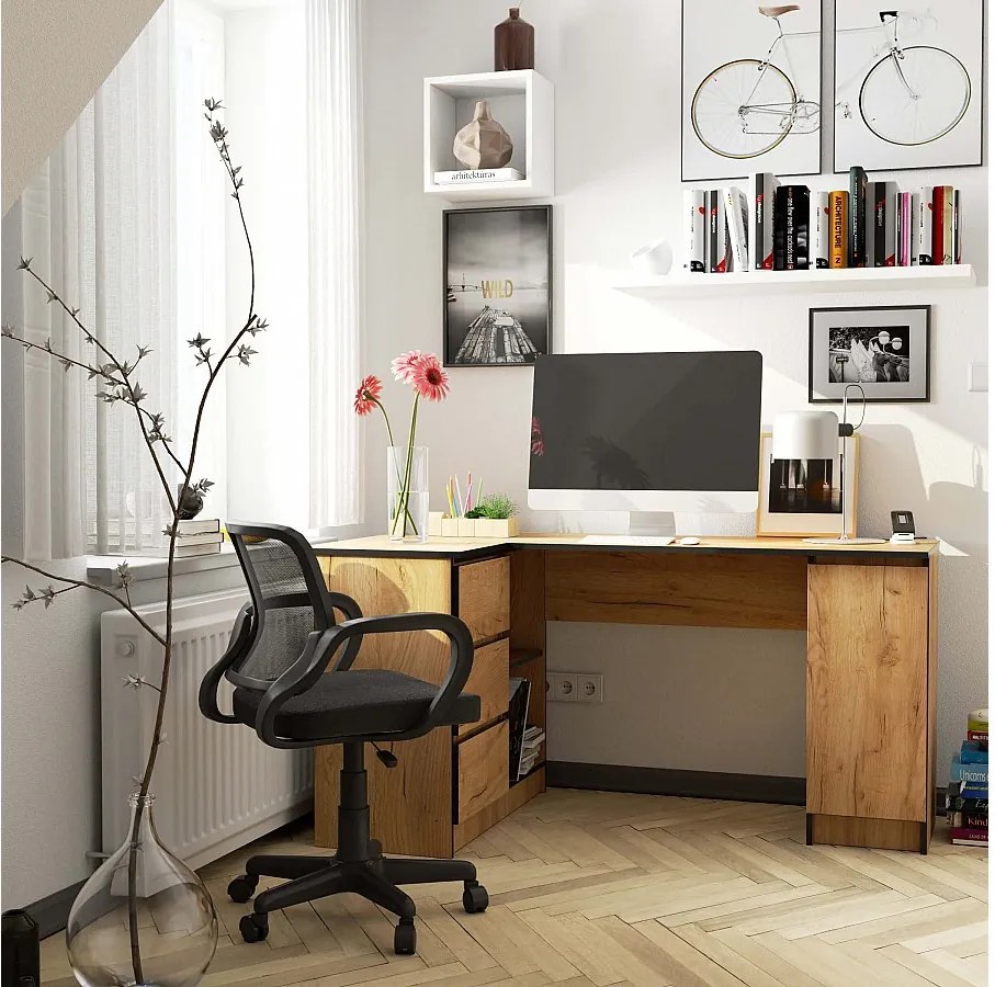 Biurko narożne AKORD B20 Dąb Craft 155 cm lewe 1 drzwi 3 szuflady kolor Dąb Craft mat 4 półki 155x85x77 cm