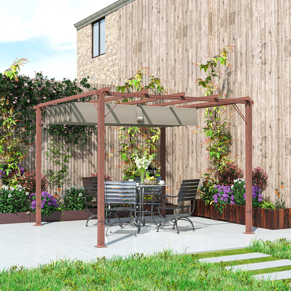 Outsunny Garten-Pergola 3 x 3 m, Regulowane Zadaszenie Tarasu, Rama z Aluminium, Ochrona przed Słońcem UPF30+, Drewno Naturalne