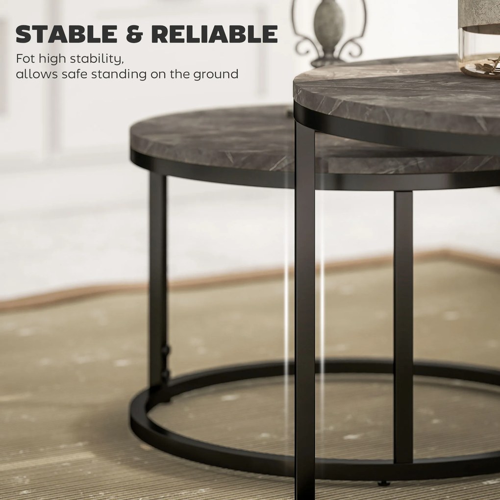 HOMCOM Zestaw 2 okrągłych stolików kawowych, wsuwane stoliki z ramą metalową, stolik salonowy z blatem imitującym marmur, stolik kawowy, Szary