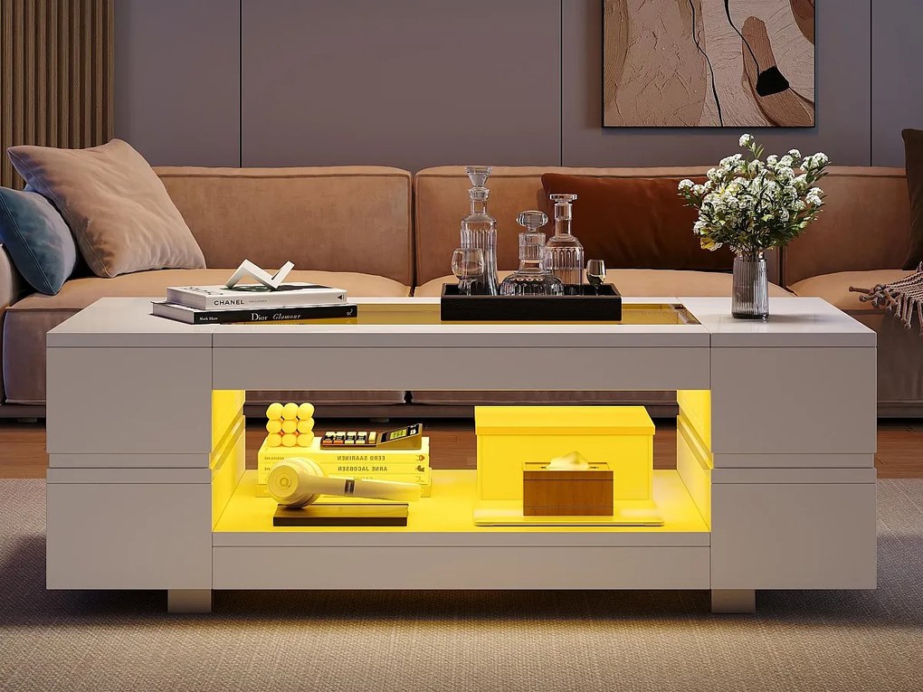 Stolik kawowy 100x50x35 cm - z oświetleniem LED - pojemny schowek - biały