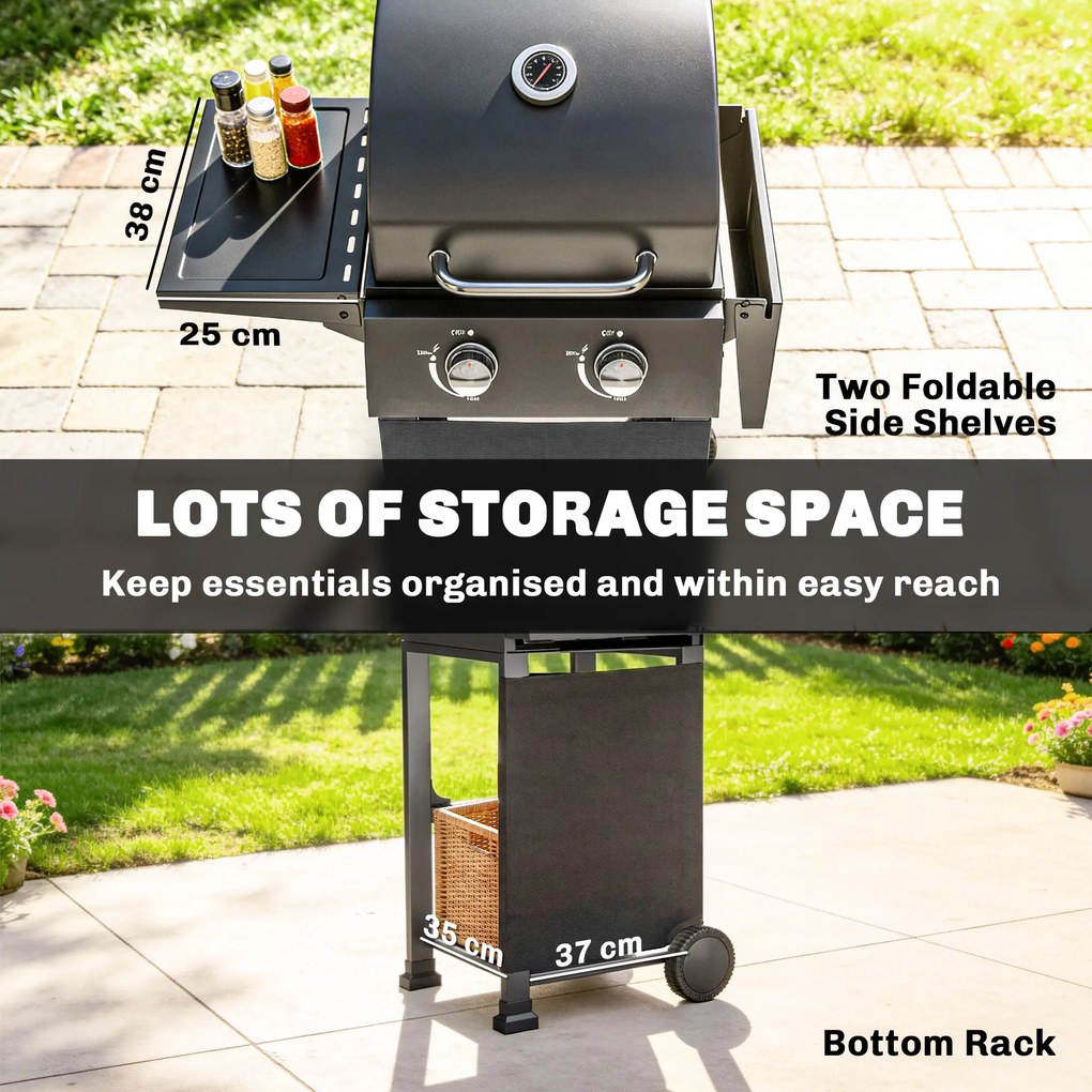 Outsunny Grill gazowy 5,4 kW, 2 palniki, stalowy wózek grillowy z termometrem, chromowany ruszt i półka do podgrzewania | Aosom PL