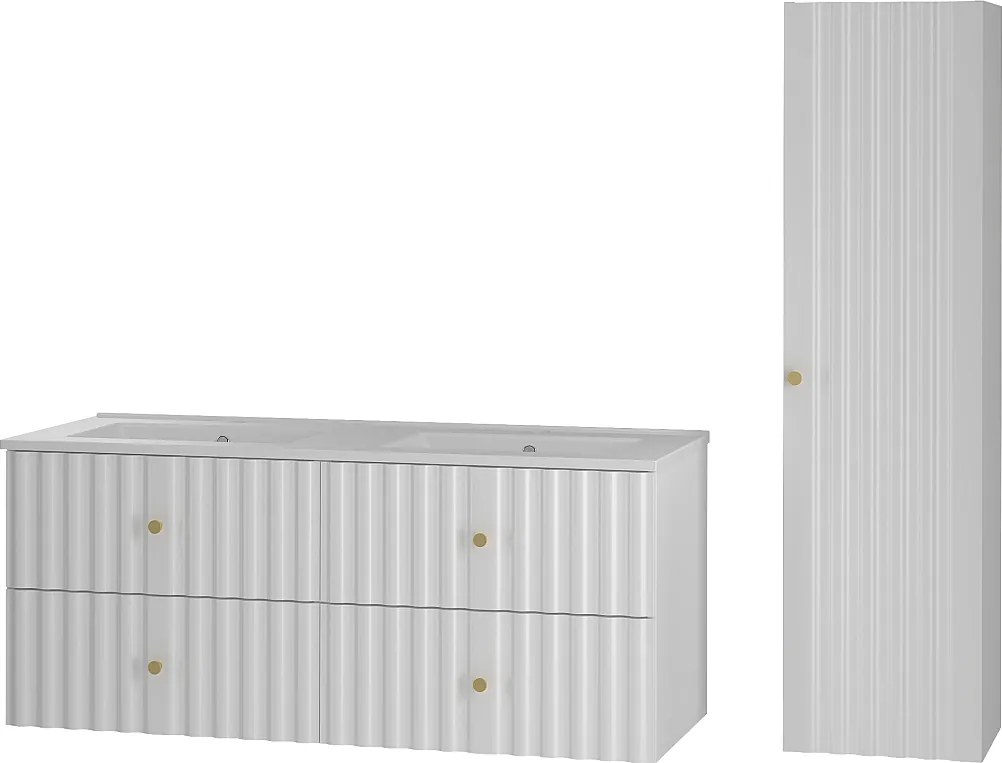 Biały Zestaw Łazienkowy 120cm Szafka z Umywalką Słupek Ryflowane Fronty Aqua