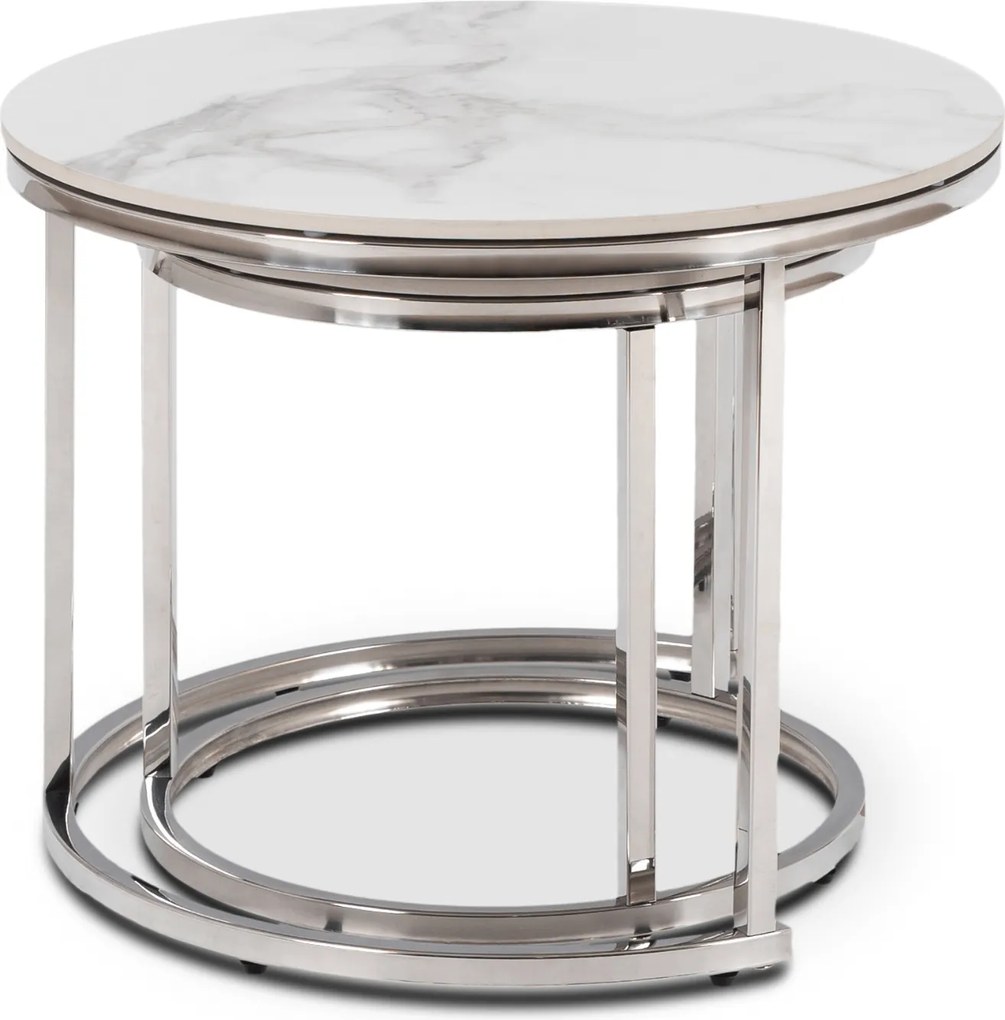 Zestaw Stolików Kawowych AMARA 45,5 cm/60 cm Biały Marmur/Srebrny Glamour