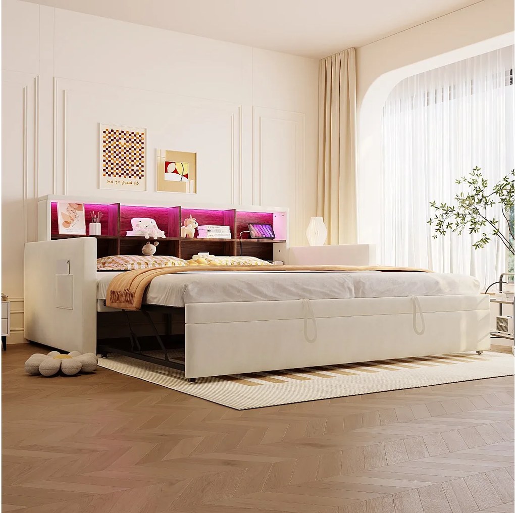 Sofa tapicerowana z funkcją spania - 90 x 190 cm - z wysuwanym łóżkiem 90 x 190 cm + zagłówek ze schowkiem + oświetlenie LED - welur - beż