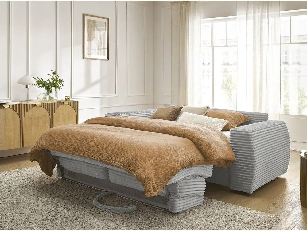 Jasnoszara sztruksowa rozkładana sofa do spania 220 cm Hugo – Bobochic Paris
