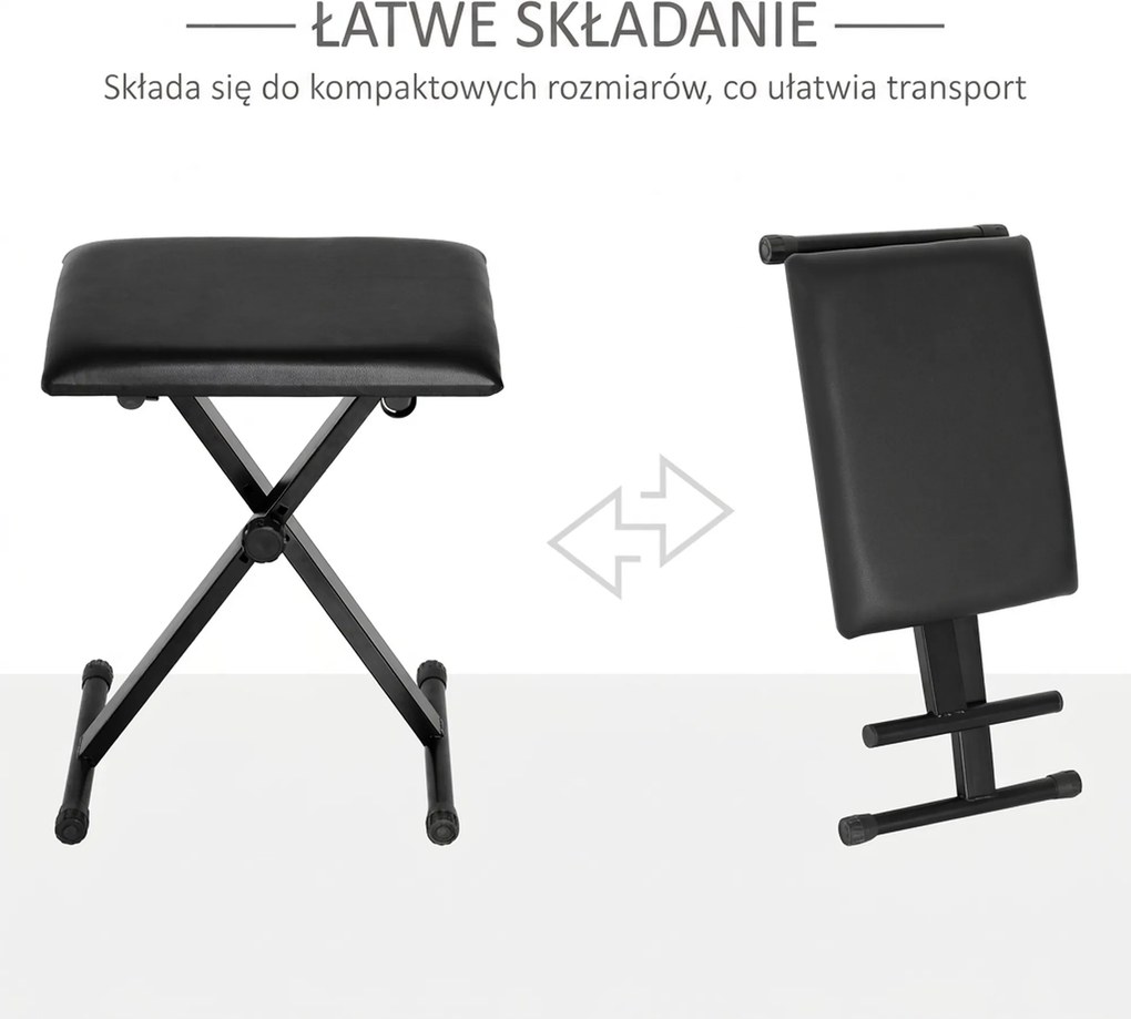 HOMCOM Stołek fortepianowy z regulacją wysokości Składany taboret do pianina Metal Sztuczna skóra Czarny 39 x 29 x 45–51 cm | Aosom PL