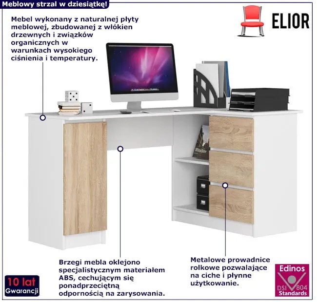 Narożne biurko komputerowe biały + dąb sonoma prawostronne N7-K35