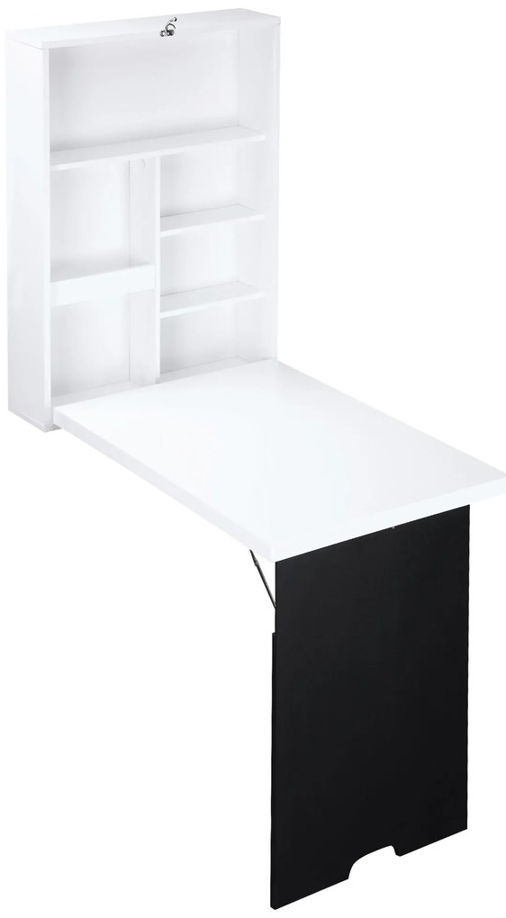 HOMCOM Biurko ścienne z tablicą, 5 półkami, składane biurko komputerowe do biura, białe+czerne 60 x 94,5 x 147 cm