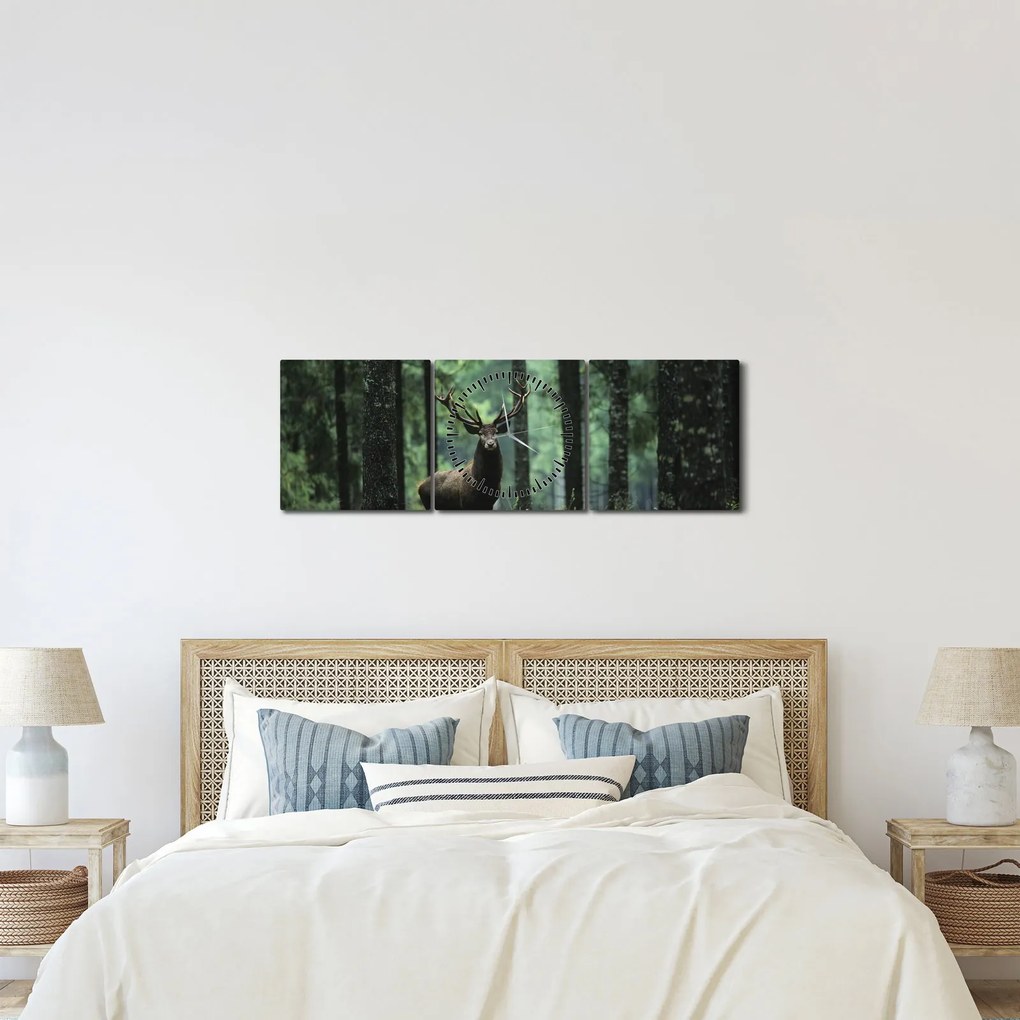 Obraz - Jeleń w głebokim lesie (z zegarem) (90x30 cm)