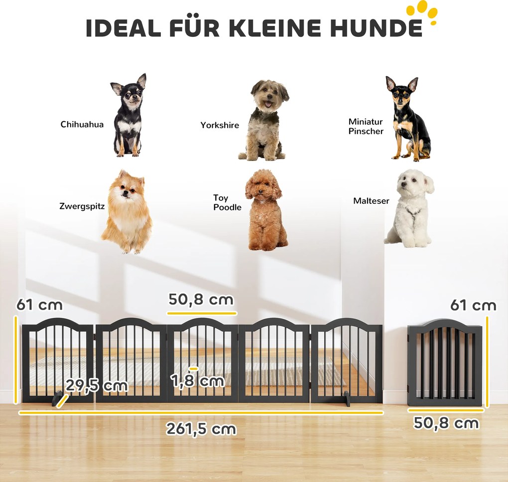 PawHut Bramka dla psa wolnostojące zabezpieczenie z nóżkami, składana bramka, 5 paneli, 261,5 x 29,5 x 61 cm, czarna