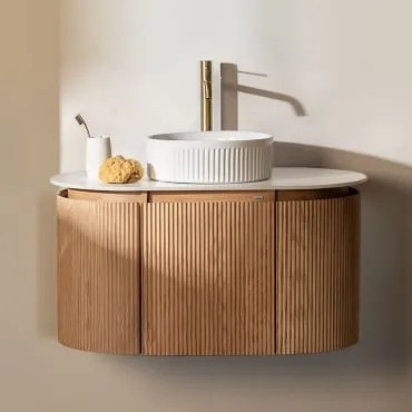 Zestaw Mebli Łazienkowych Z Drewna Carsone Naturalna & Bez Jednostki Pomocniczej & Redondo Cerámica Blanco Rayas Ø36 Cm - Sklum