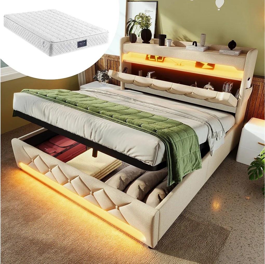 Łóżko z pojemnikiem 140x200 cm - z złączem USB i otwartym schowkiem - beżowe, lniane - materac w cenie