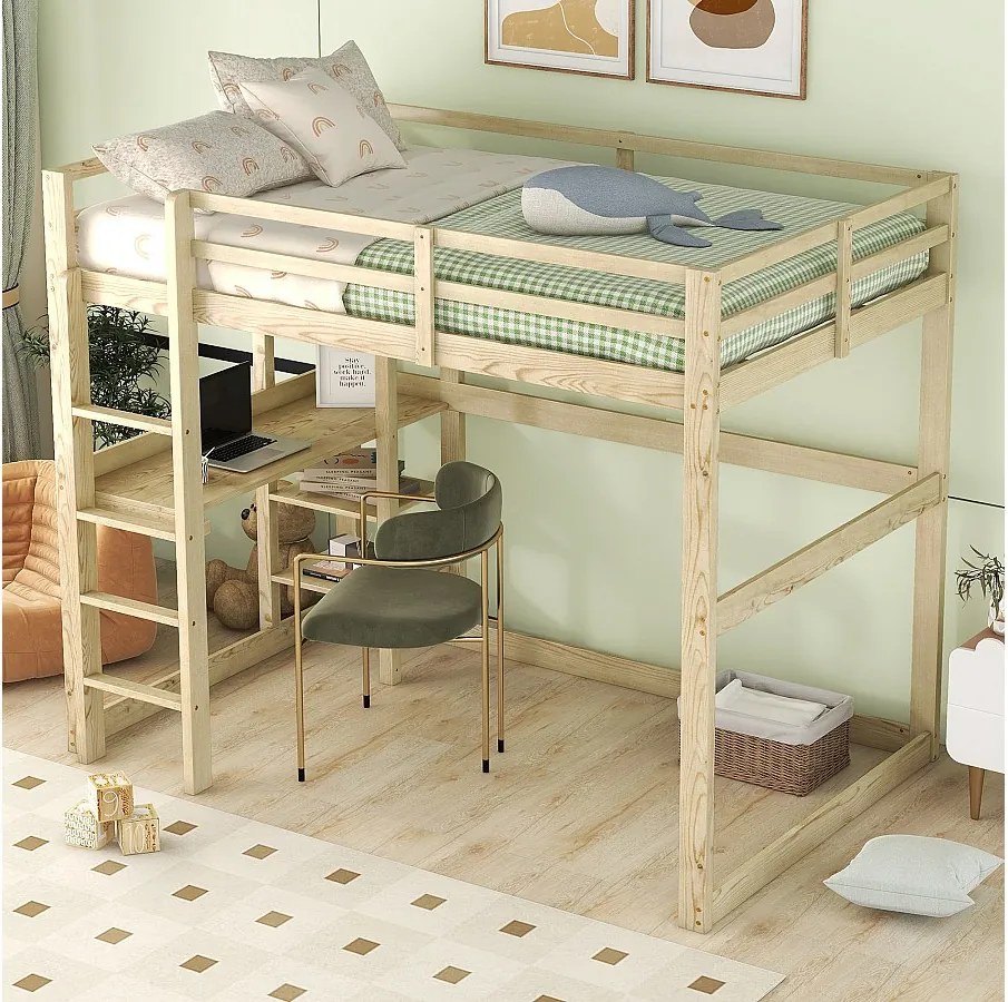 Łóżko antresolowe 140x200 cm, kolor drewna, łóżko dziecięce z biurkiem i półką, bez materaca